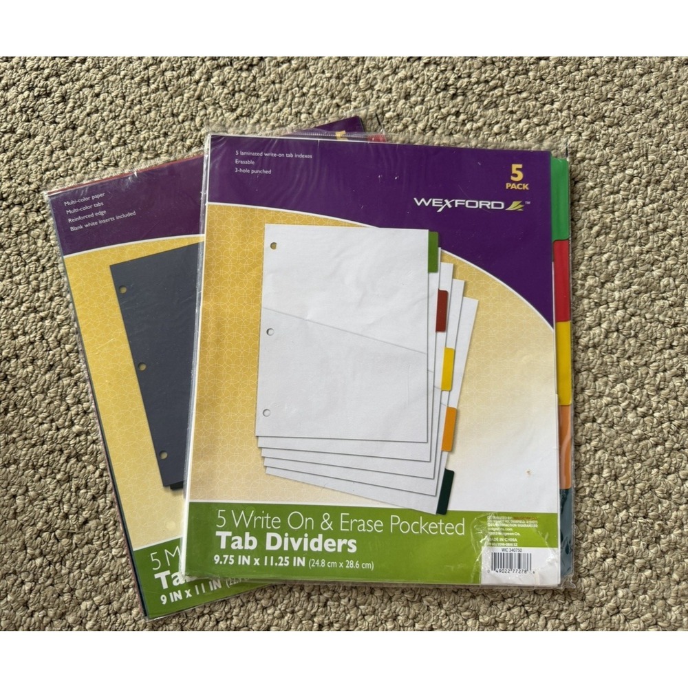 LOT OF 2 Wexford Multicolor 5-Pack Insertable Tab Dividers NIP